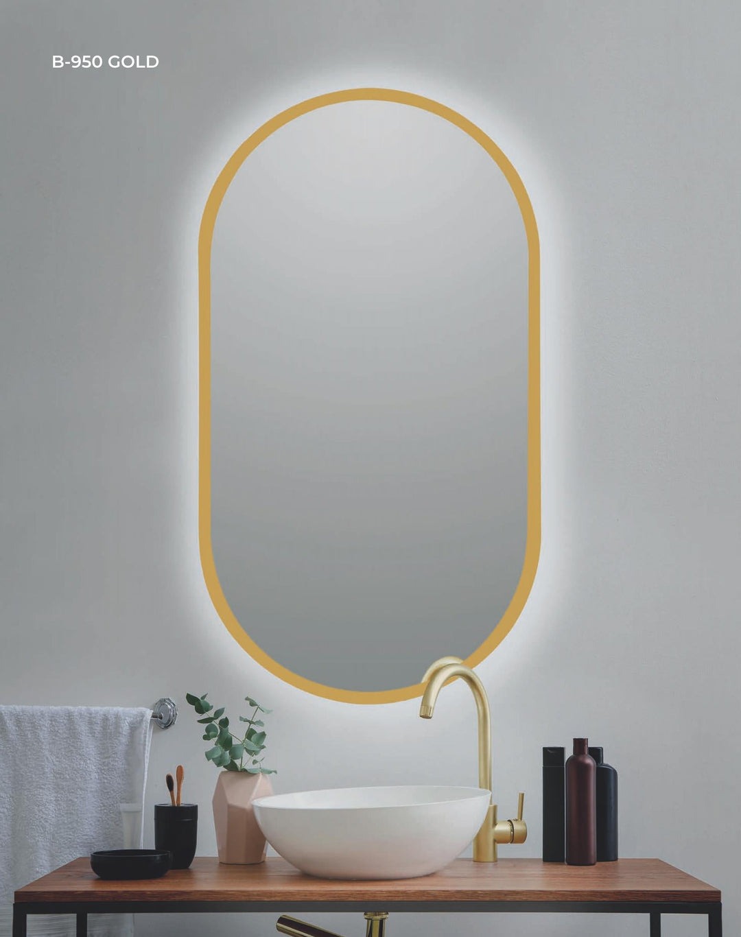 ESPEJO OVALADO "ALMA 950 GOLD" CANTO PULIDO CON LED RETROILUMINADA