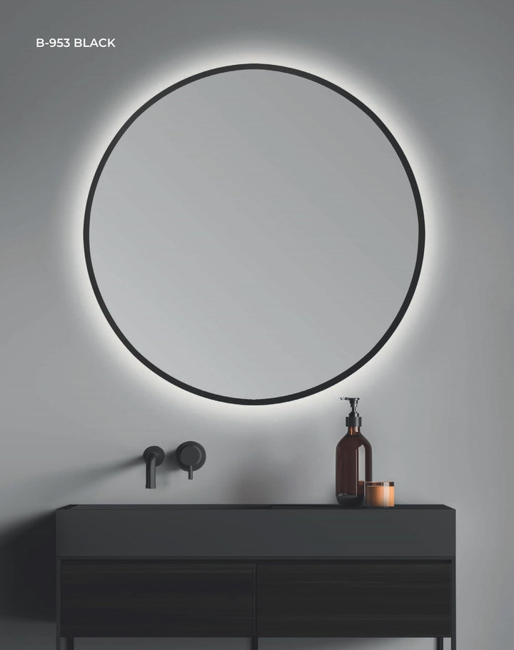 ESPEJO REDONDO "ALMA 953" BLACK CANTO PULIDO CON LUZ LED RETROILUMINADA Y BORDE ARENADO NEGRO DE 12MM