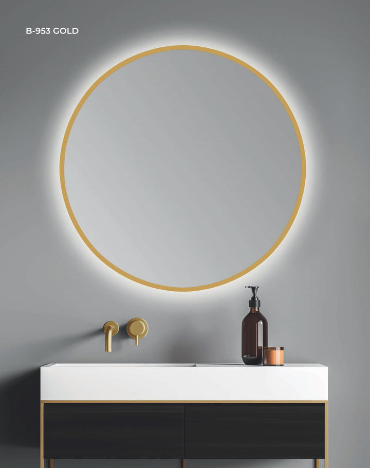 ESPEJO REDONDO "ALMA 953" GOLD CANTO PULIDO CON LUZ LED RETROILUMINADA Y BORDE ARENADO DORADO/ORO DE 12MM