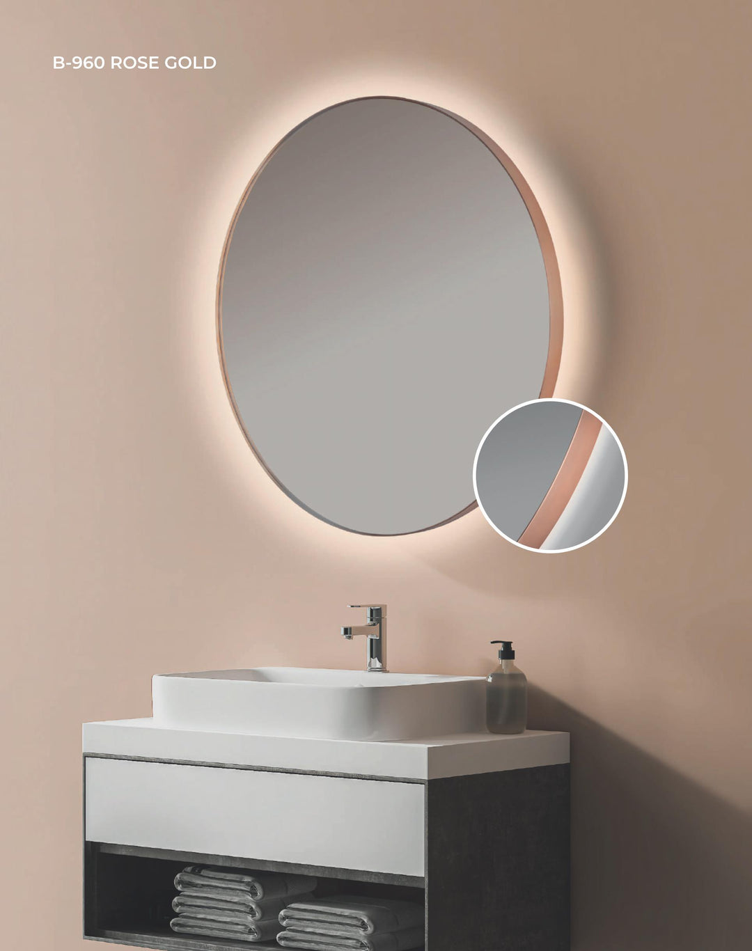 ESPEJO REDONDO "ALMA 960" ROSE GOLD LUZ LED RETROILUMINADA Y MARCO DE ALUMINIO "ORO ROSA" DE 40 MM