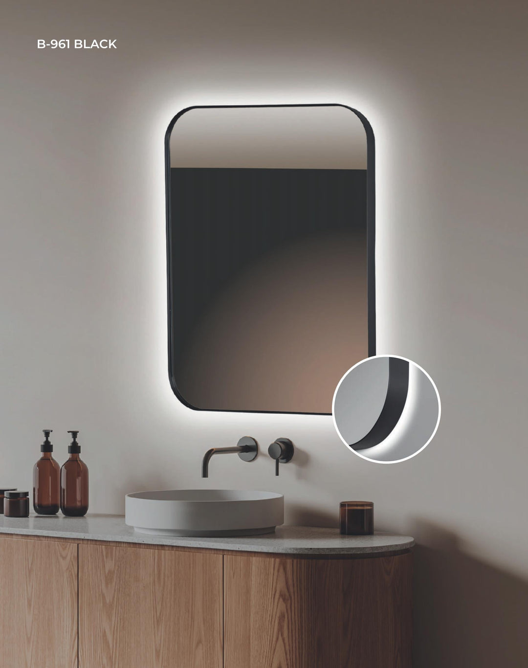 ESPEJO RECTANGULAR "ALMA 961 BLACK" CANTO PULIDO CON LED RETROILUMINADA
