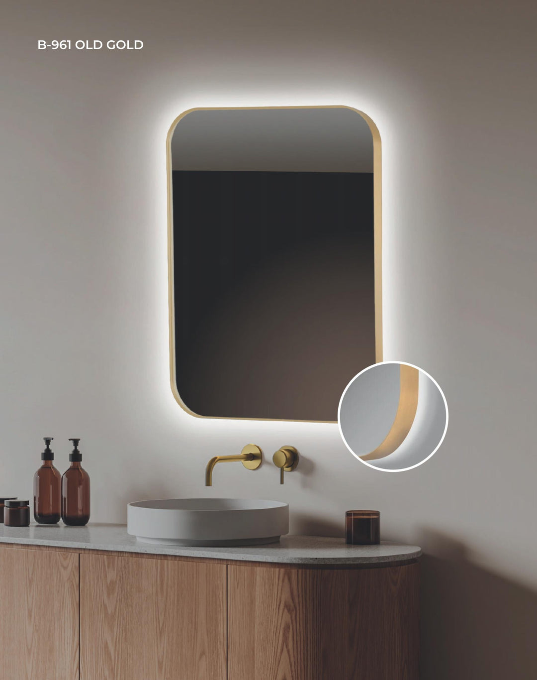ESPEJO RECTANGULAR "ALMA 961 OLD GOLD" CANTO PULIDO CON LED RETROILUMINADA