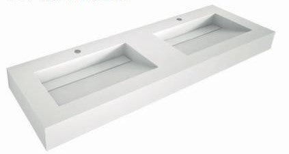 LAVABO DE CARGA MINERAL "ALMA ITACA" DOS SENOS RECTANGULAR, CON FALDÓN DE 12 CM.,, BLANCO MATE, AGUJERO PARA GRIFO