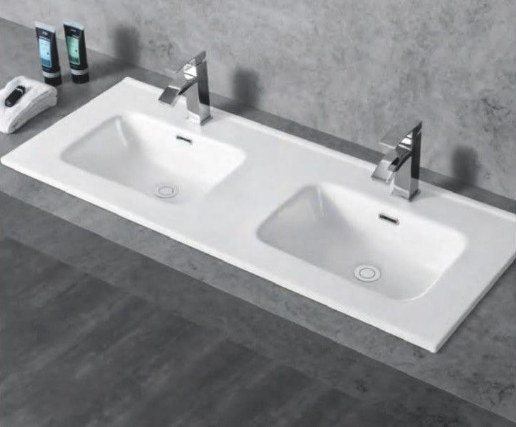 LAVABO "ALMA MADRID" DOS SENOS RECTANGULAR, PORCELANA Blanco brillo, REBOSADERO, AGUJERO PARA GRIFO