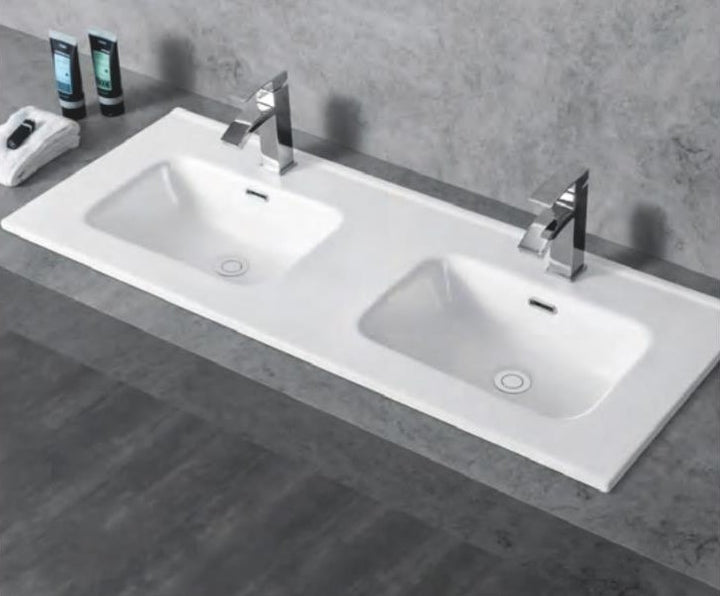 LAVABO "ALMA MADRID" DOS SENOS RECTANGULAR, PORCELANA Blanco brillo, REBOSADERO, AGUJERO PARA GRIFO